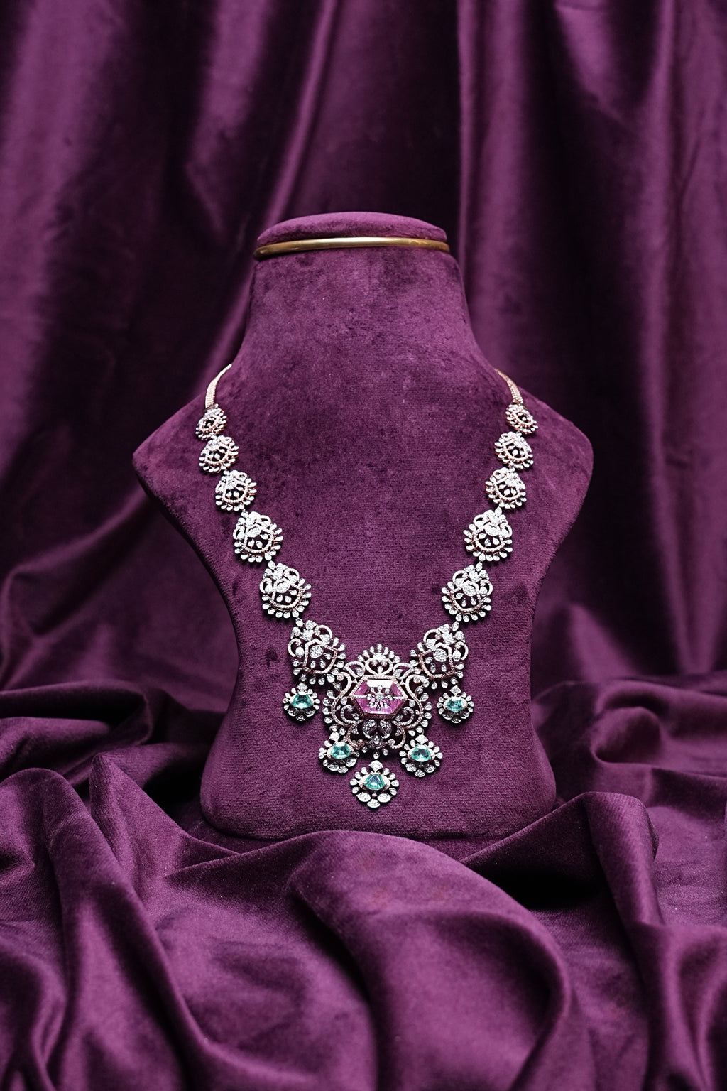 Lab Grown Diamond Hexagonal Pink Tourmaline & Emerald Drop Statement Necklace