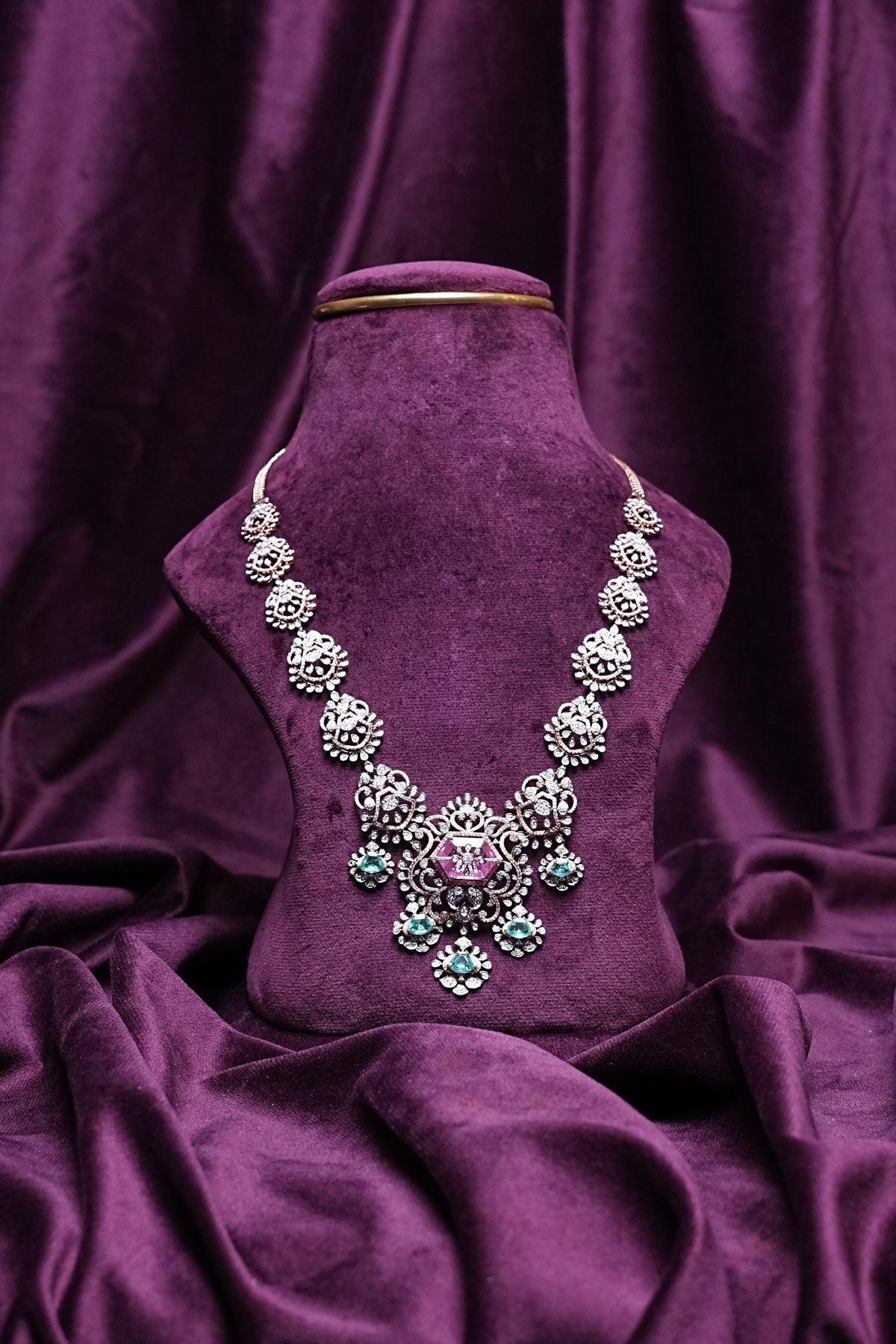 Lab Grown Diamond Hexagonal Pink Tourmaline & Emerald Drop Statement Necklace