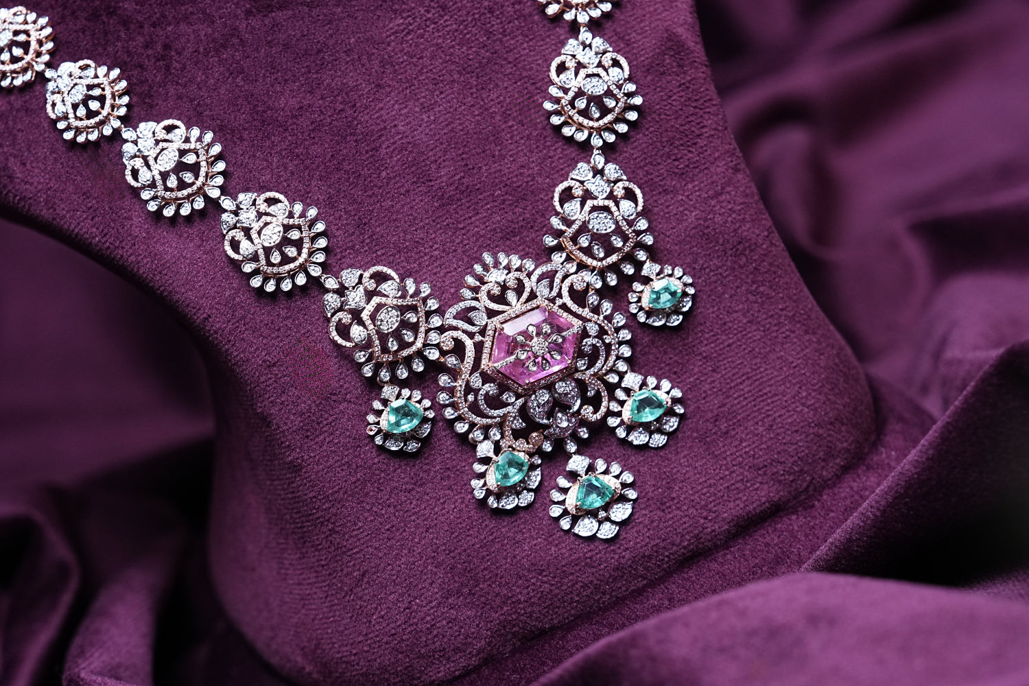 Lab Grown Diamond Hexagonal Pink Tourmaline & Emerald Drop Statement Necklace