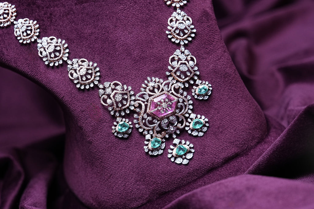 Lab Grown Diamond Hexagonal Pink Tourmaline & Emerald Drop Statement Necklace