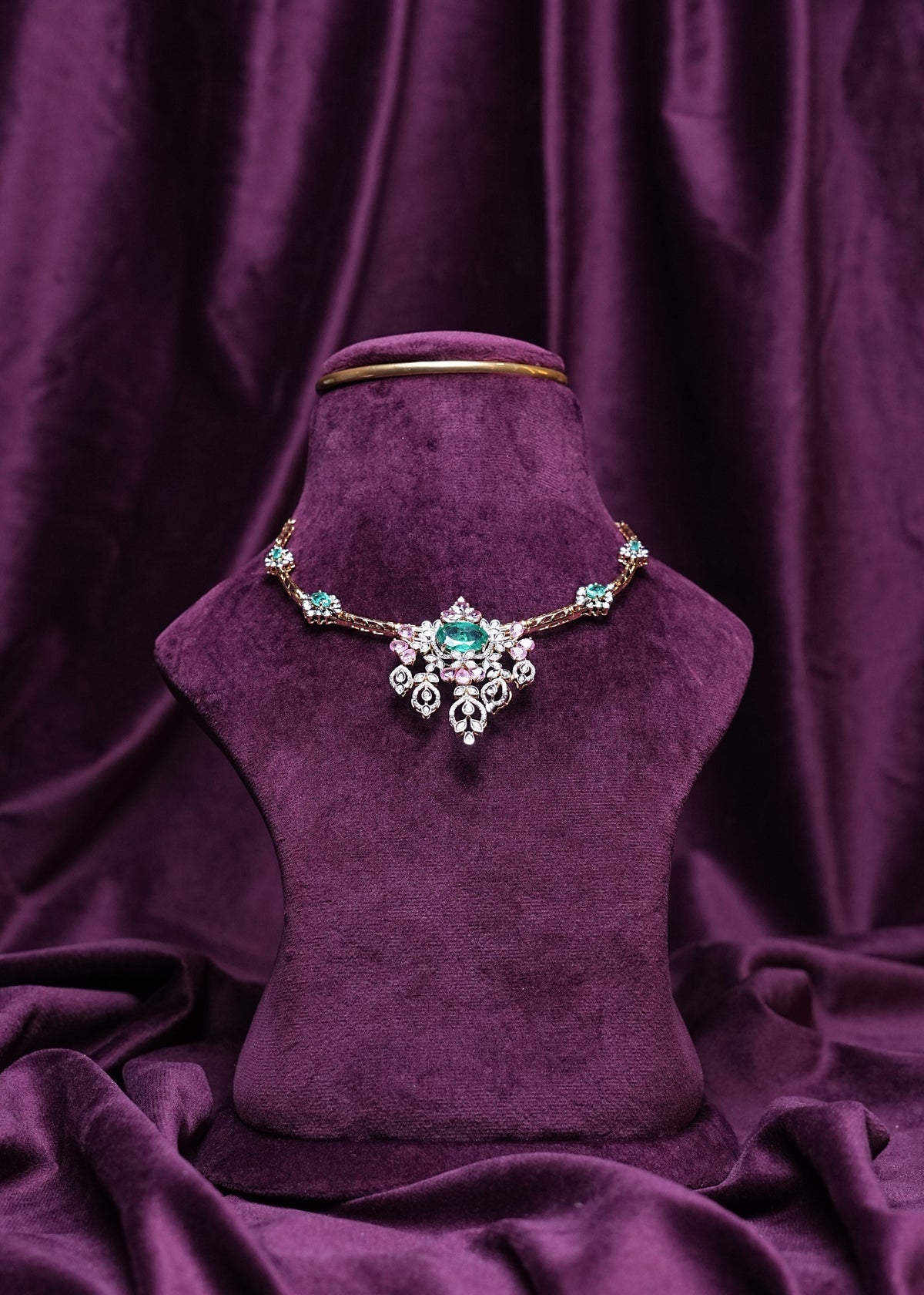 Lab Grown Diamond Emerald and Tourmaline Floral Bouquet & Morganite Accent Drops Necklace