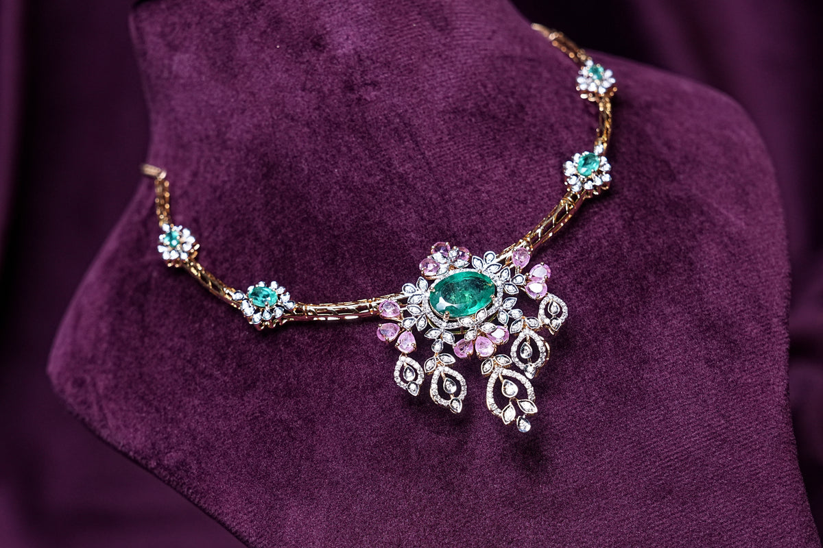 Lab Grown Diamond Emerald and Tourmaline Floral Bouquet & Morganite Accent Drops Necklace