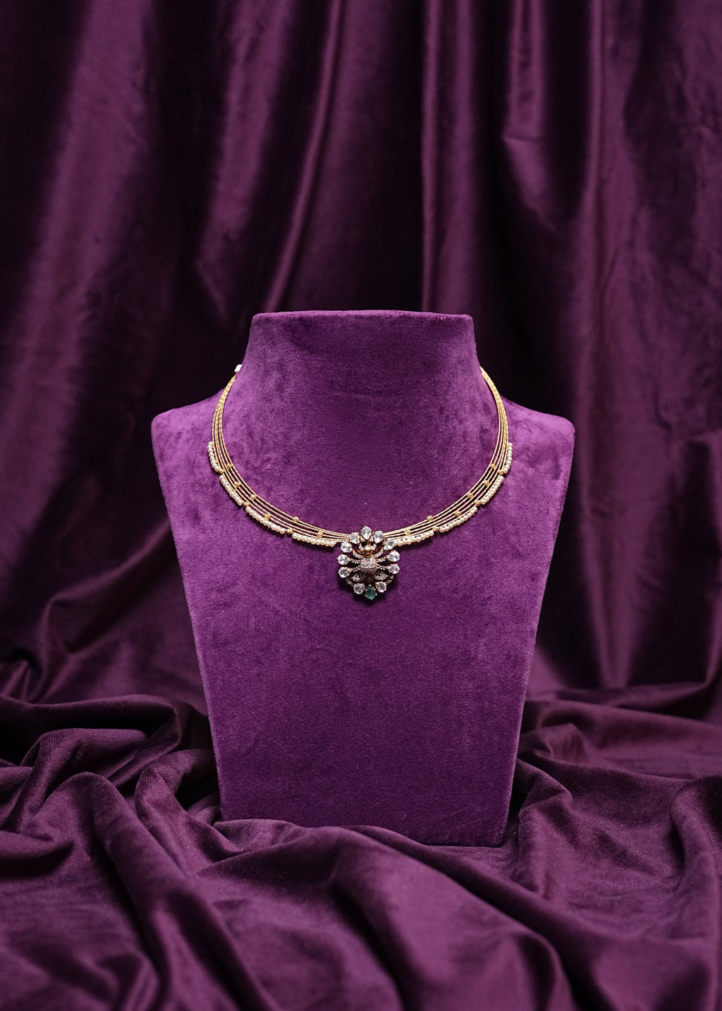 Five-Layer Hybrid Collar Twisted Pearl Kante Poliki Mayil Chakri Motif Pear-Shaped Emerald Drop Pendant