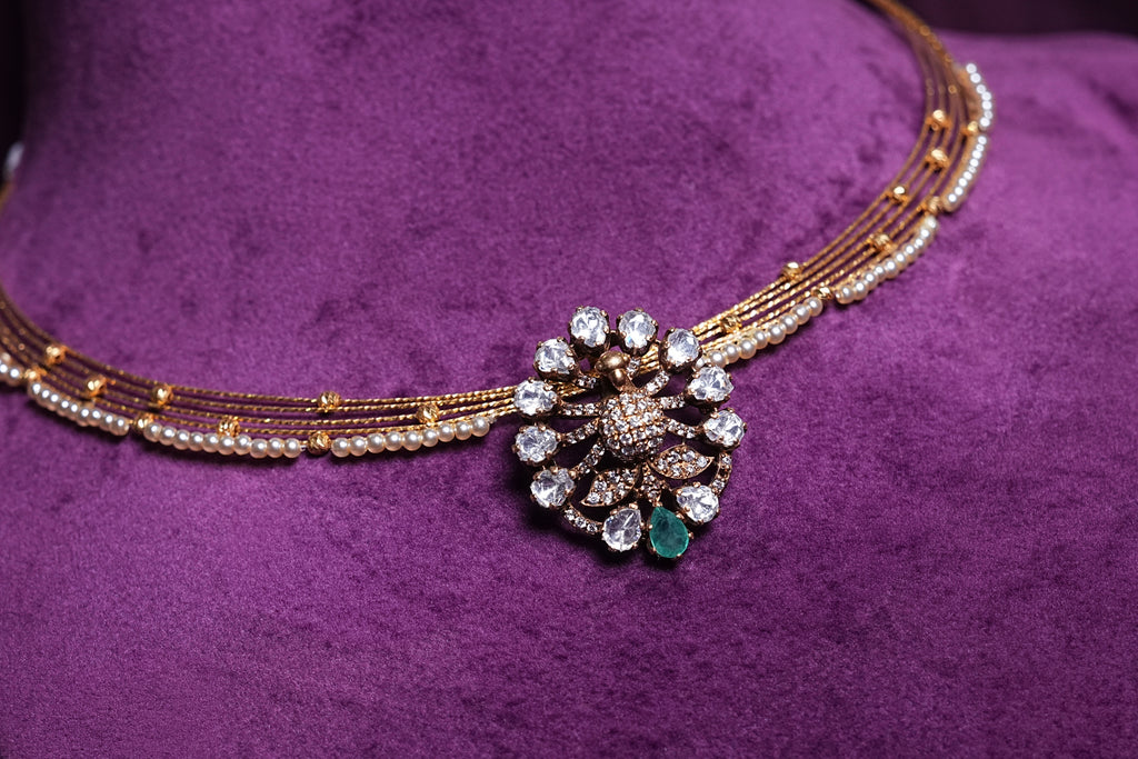 Five-Layer Hybrid Collar Twisted Pearl Kante Poliki Mayil Chakri Motif Pear-Shaped Emerald Drop Pendant