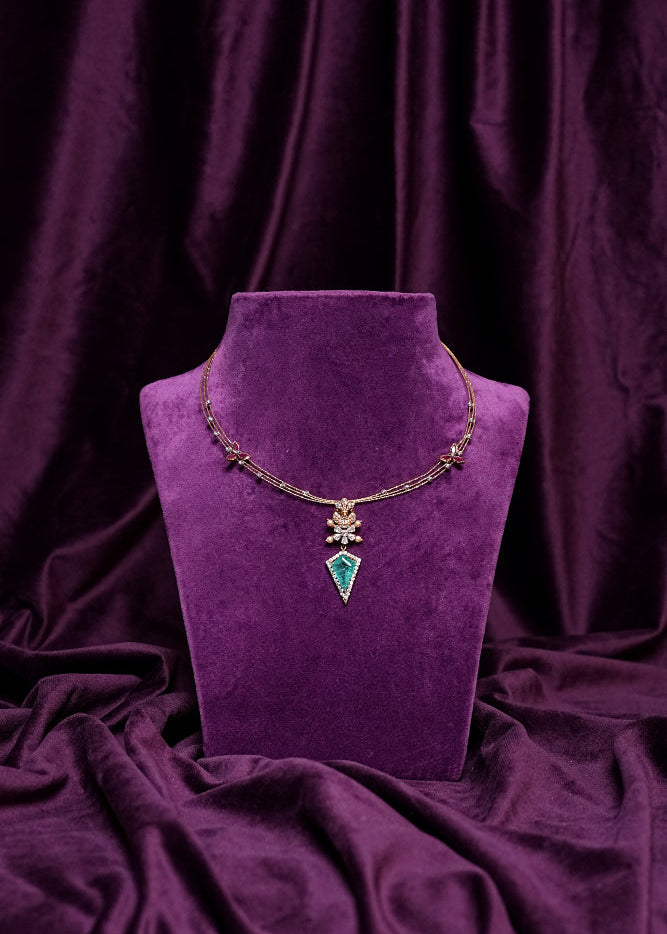 Three Layer With Ruby Itallian Kante With a Geometric Shield-Cut Emerald-Drop Polki Pendant