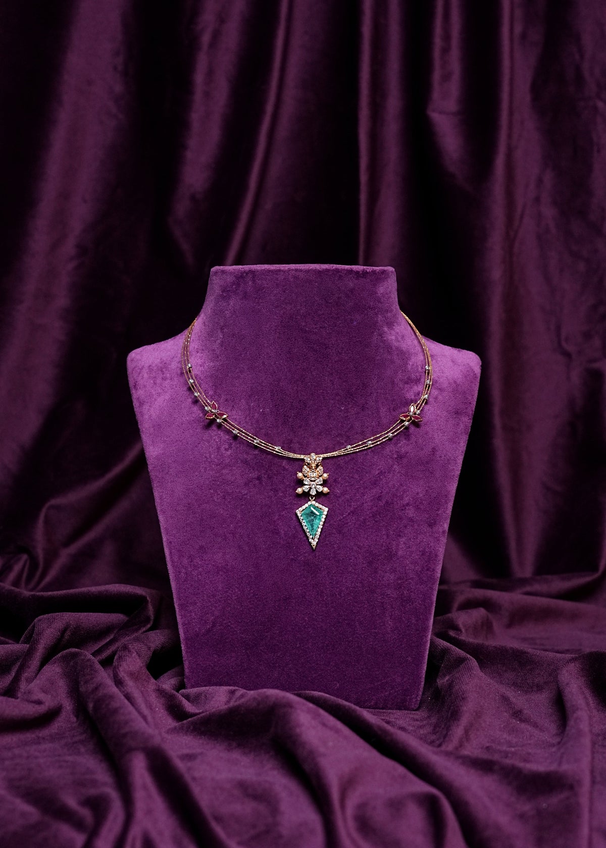 Three Layer With Ruby Itallian Kante With a Geometric Shield-Cut Emerald-Drop Polki Pendant