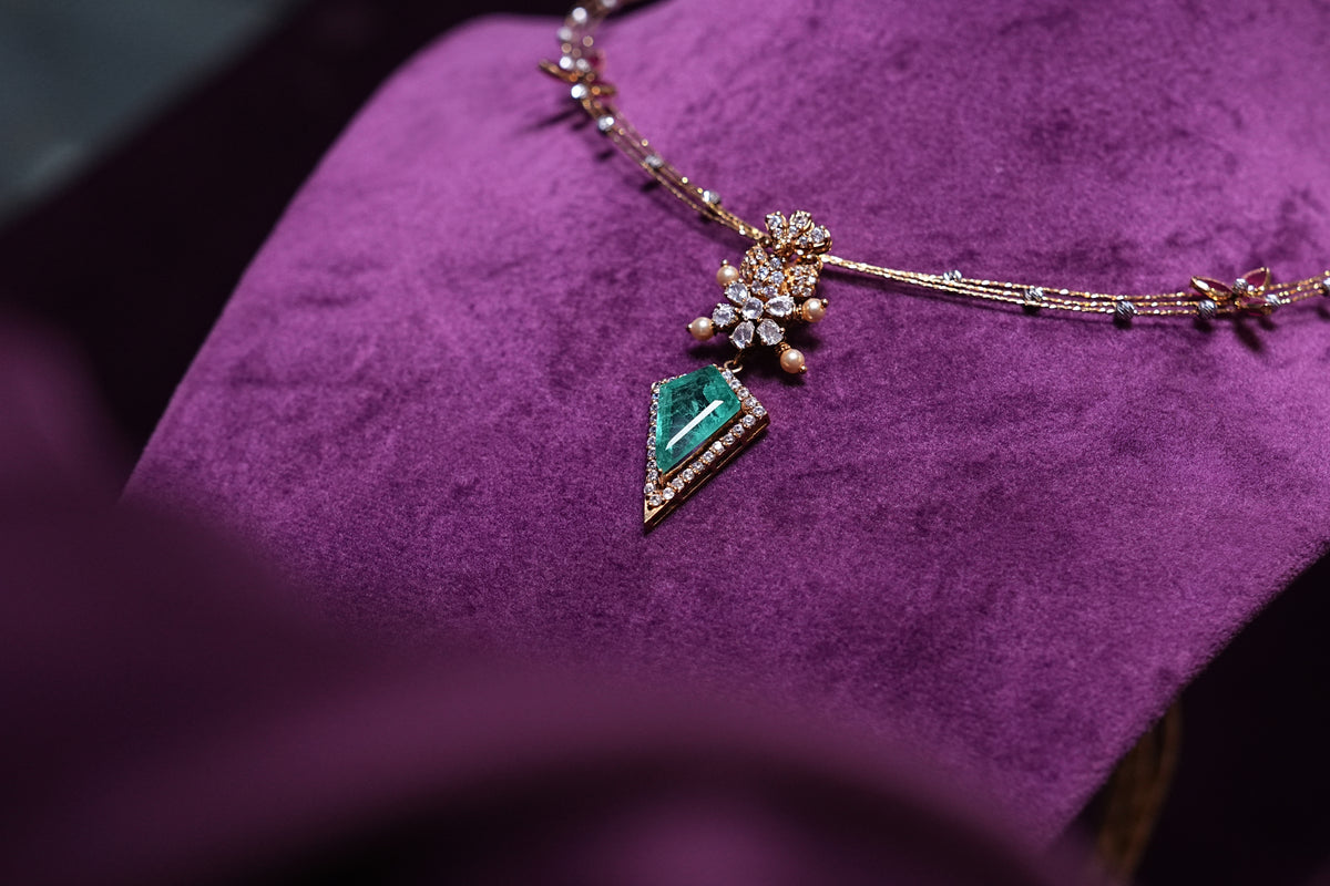 Three Layer With Ruby Itallian Kante With a Geometric Shield-Cut Emerald-Drop Polki Pendant