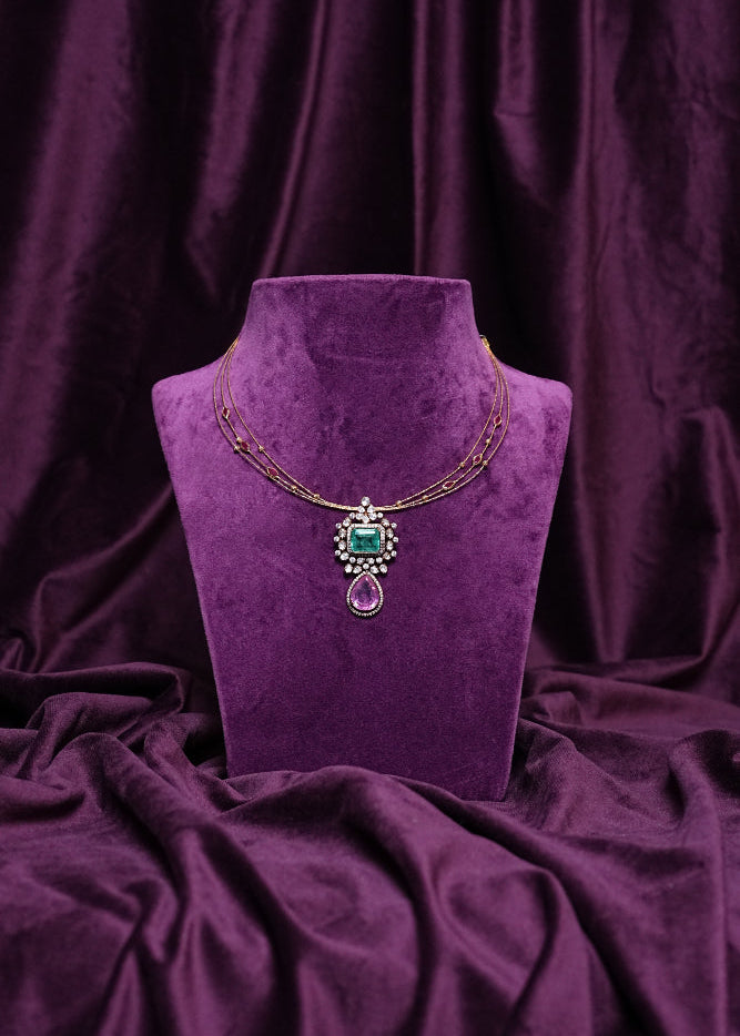 Three Layer Kante With a Mozoniates & Emerald Two- Triered Tourmaline Polki Pendant