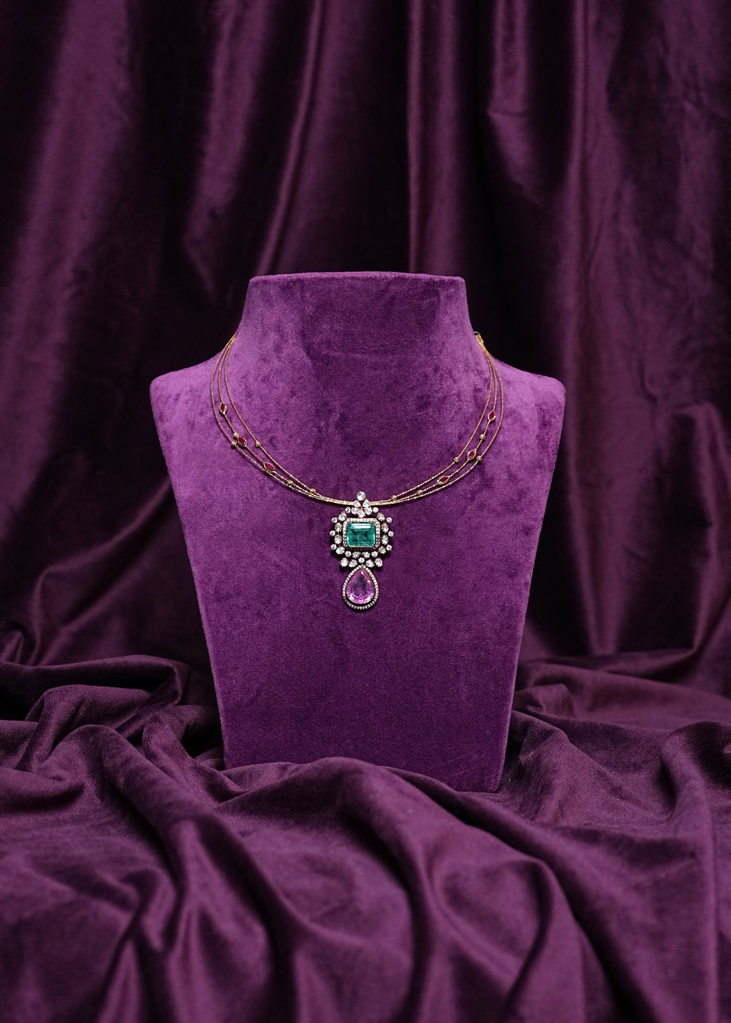 Three Layer Kante With a Mozoniates & Emerald Two- Triered Tourmaline Polki Pendant