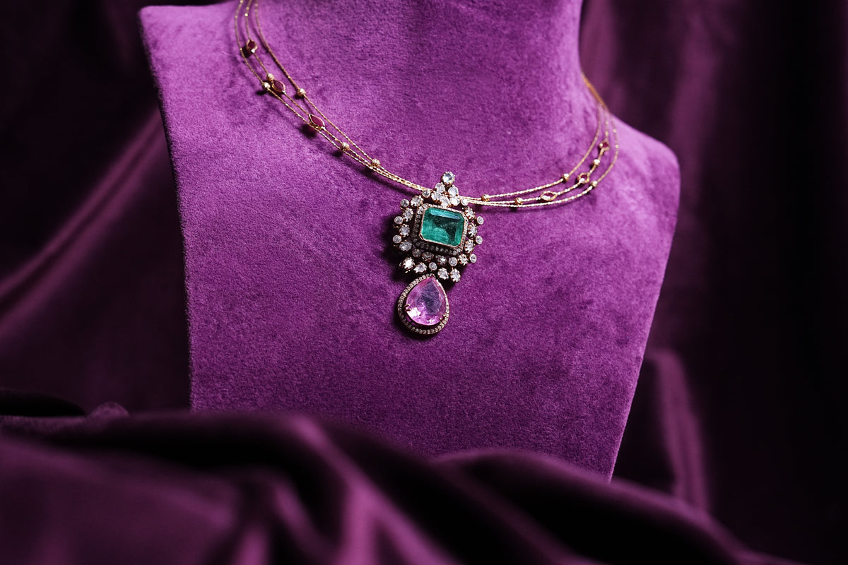 Three Layer Kante With a Mozoniates & Emerald Two- Triered Tourmaline Polki Pendant