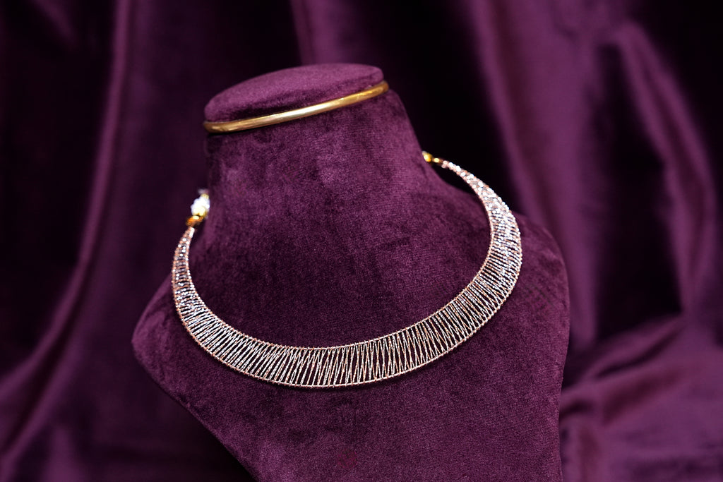 Zircon Micro-Pave Woven Gold Mesh Chocker Collar Necklace