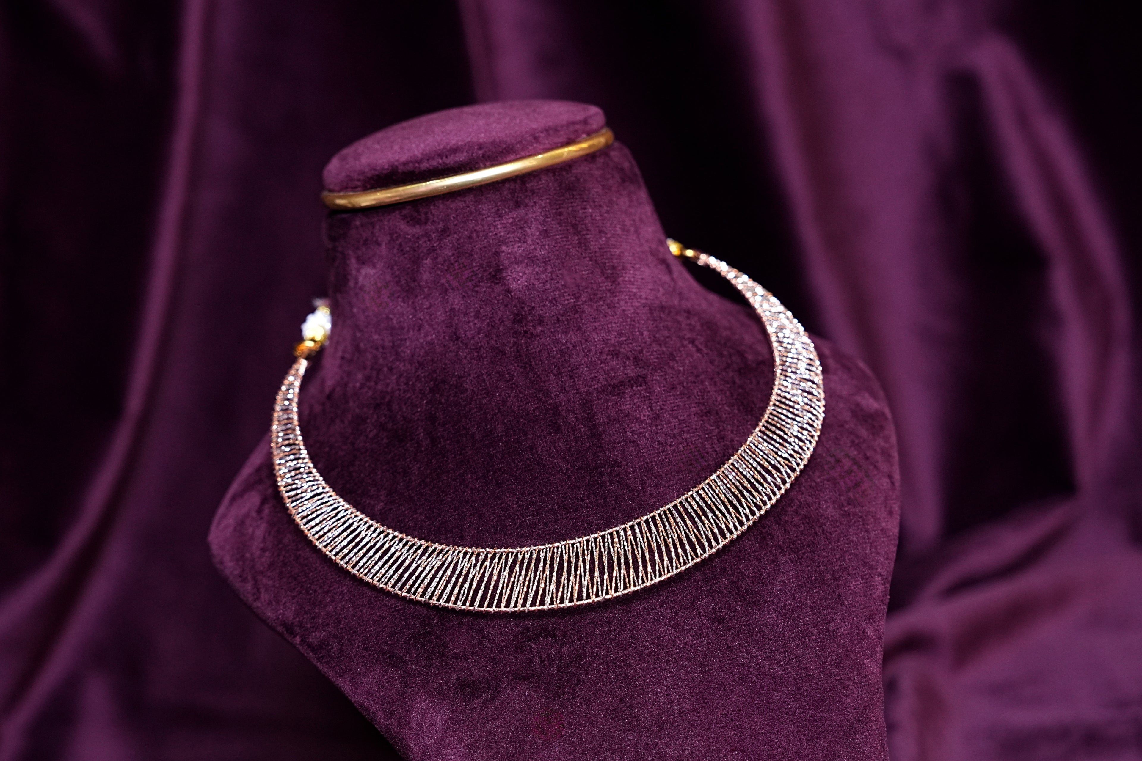 Zircon Micro-Pave Woven Gold Mesh Chocker Collar Necklace