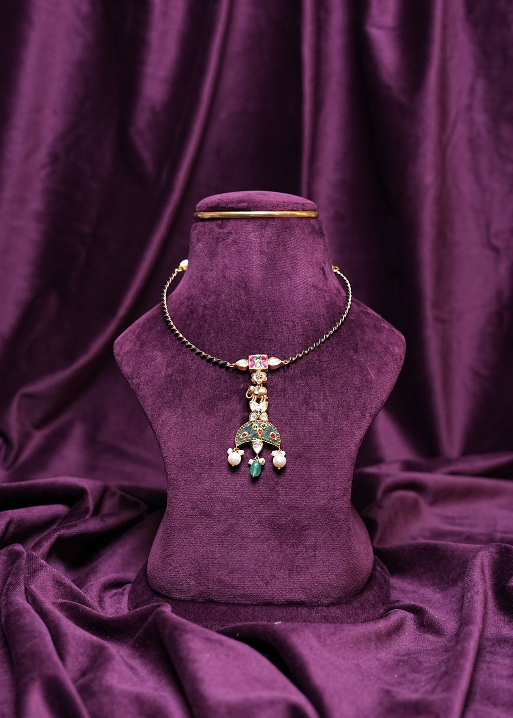 Jadu Mint Hasli Necklace With A Meenakari With Pearl Drop Pendant
