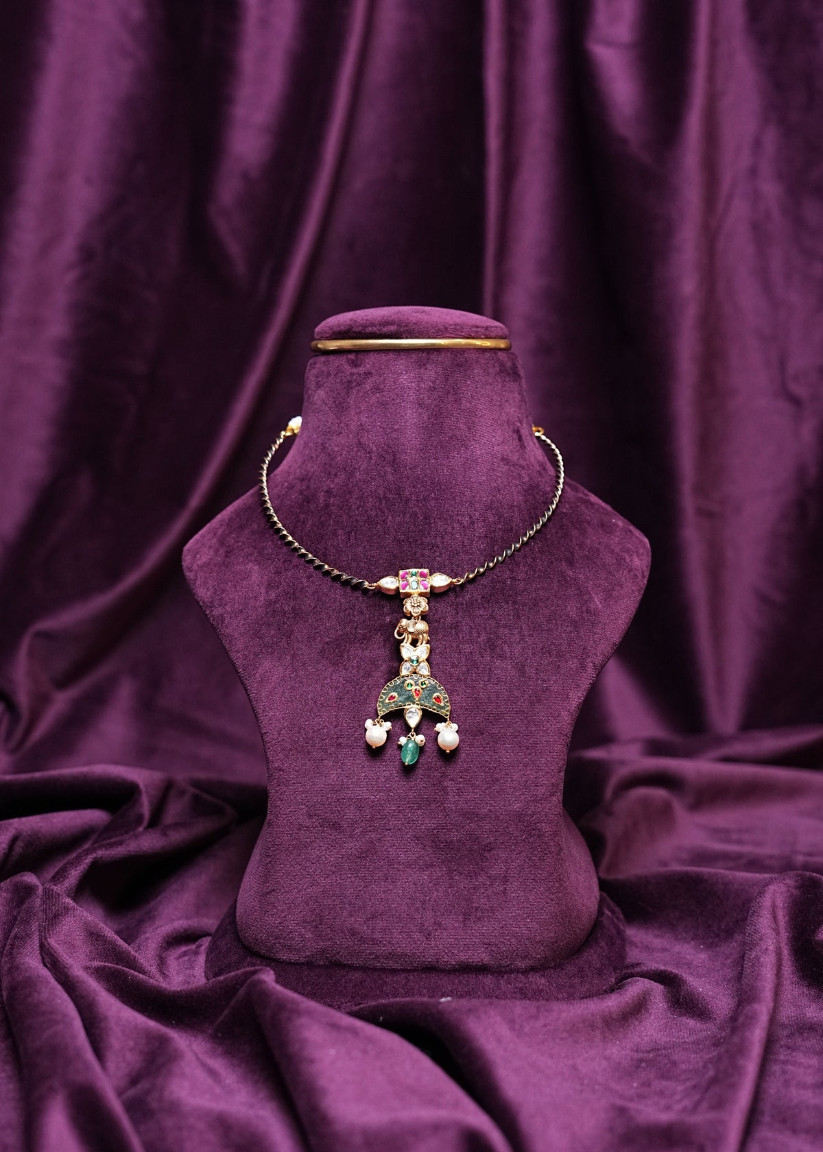 Jadu Mint Hasli Necklace With A Meenakari With Pearl Drop Pendant