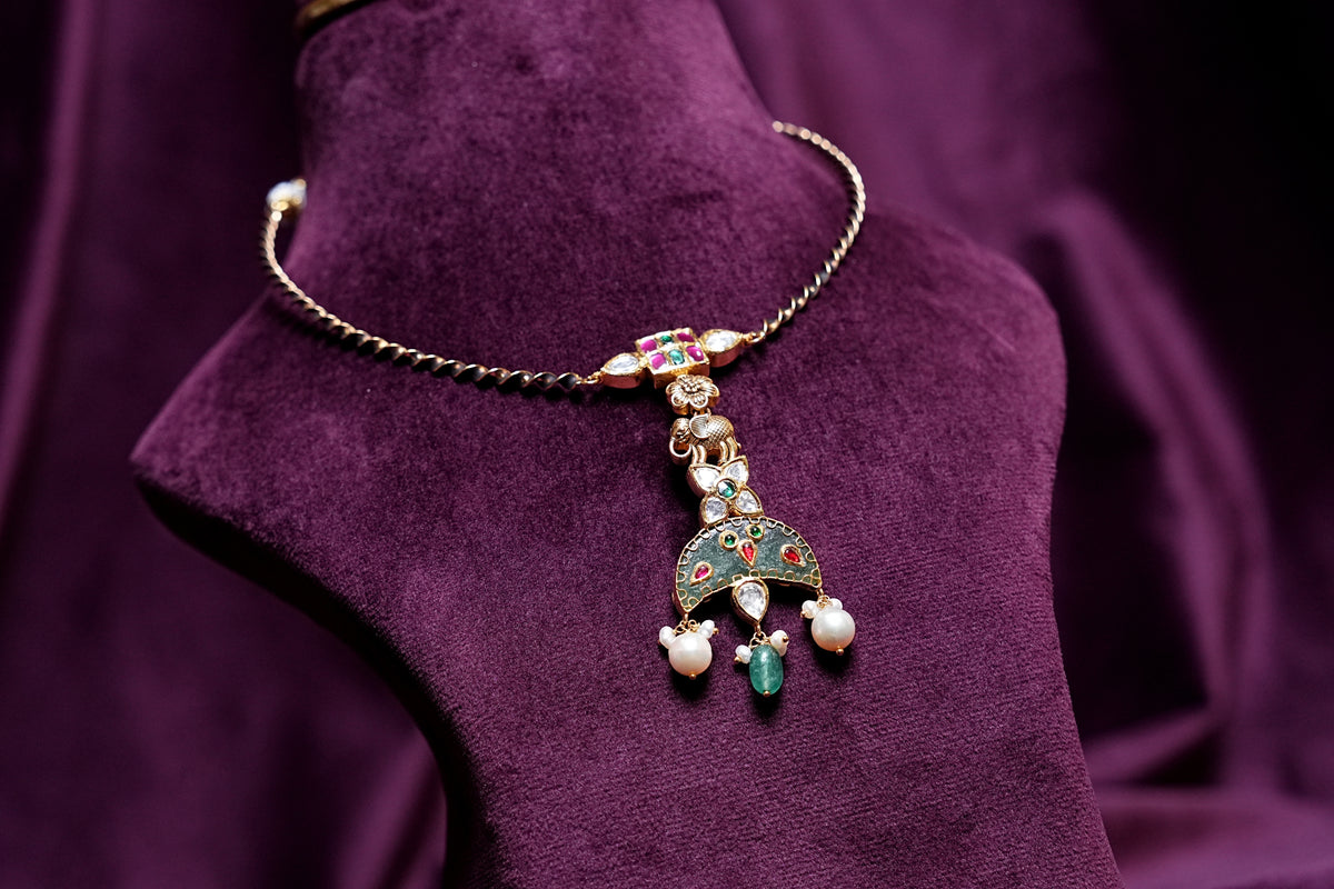 Jadu Mint Hasli Necklace With A Meenakari With Pearl Drop Pendant