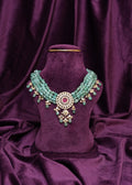 Guttapusala Mandala Russian Emerald Ovels & Polki Medallion With Central Tourmaline Pumpkin Choker