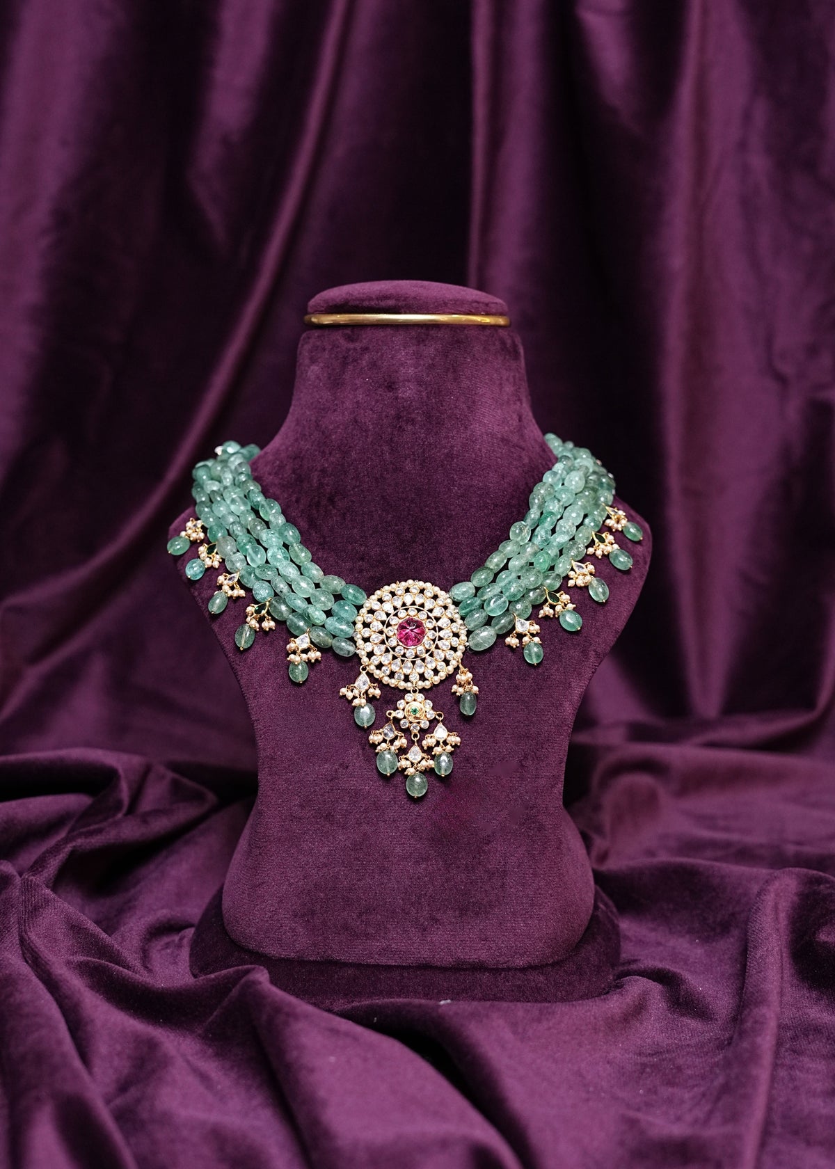 Guttapusala Mandala Russian Emerald Ovels & Polki Medallion With Central Tourmaline Pumpkin Choker
