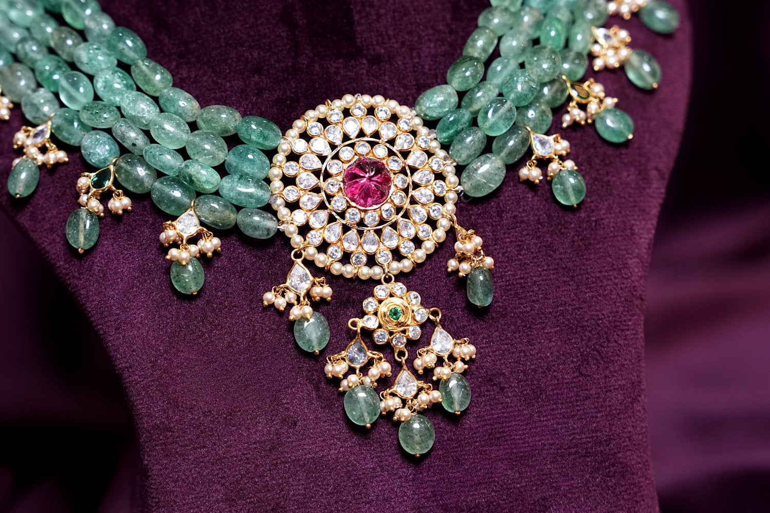 Guttapusala Mandala Russian Emerald Ovels & Polki Medallion With Central Tourmaline Pumpkin Choker
