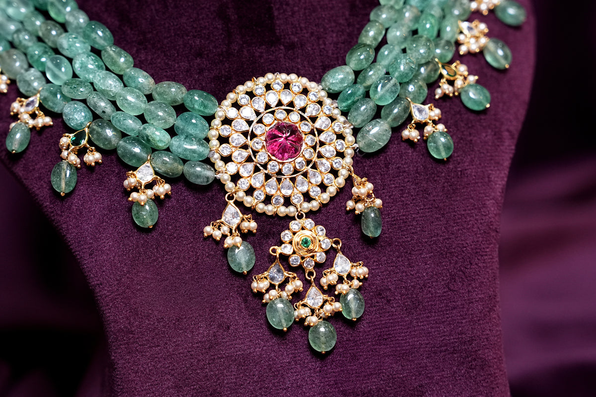 Guttapusala Mandala Russian Emerald Ovels & Polki Medallion With Central Tourmaline Pumpkin Choker
