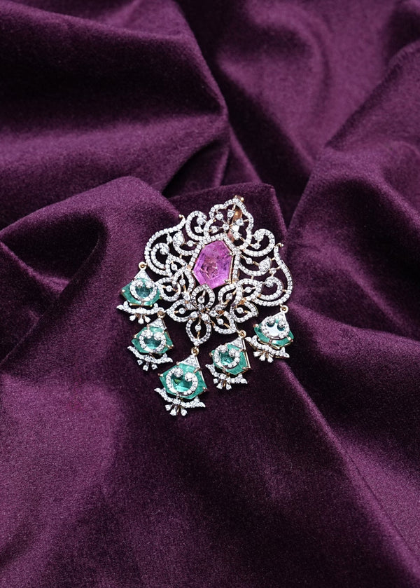Pink Tourmaline & Russian Emerald Medallion Lab Grown Diamond Pendant