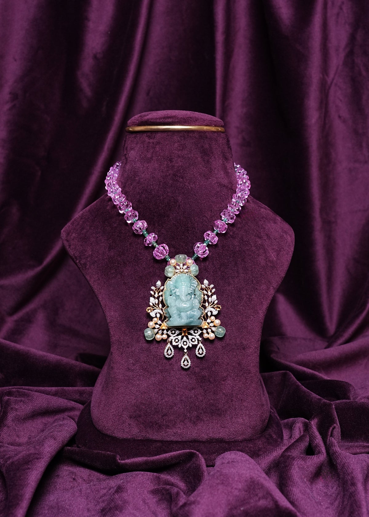 Lab Grown Diamond Goddess Jade Ganesha Pendant With Tourmaline Pumpkin Quartz Beads Mala