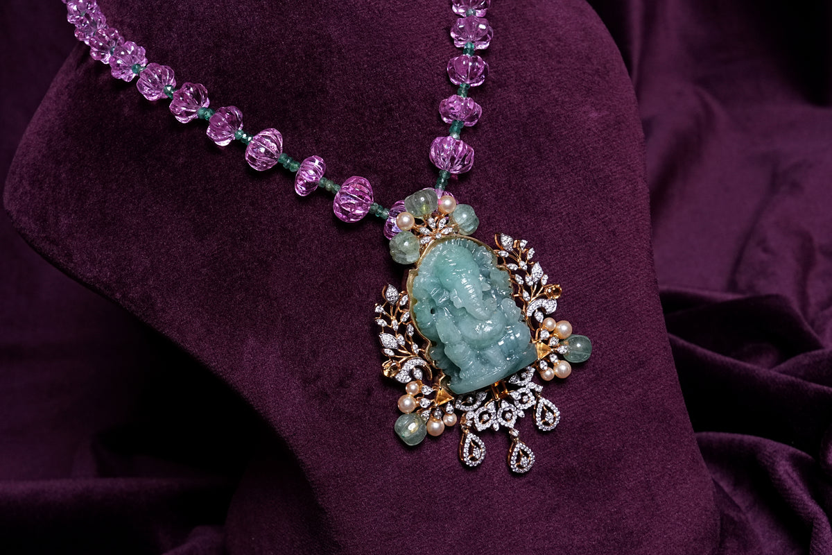 Lab Grown Diamond Goddess Jade Ganesha Pendant With Tourmaline Pumpkin Quartz Beads Mala