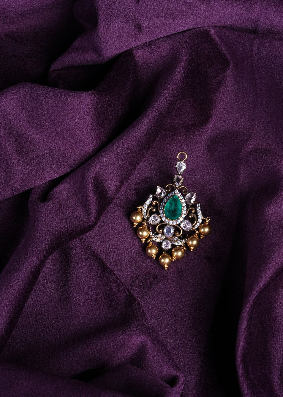 Victorian Polki Shield Emerald Chandbali Medaallion Ghungroo Drop Pendant