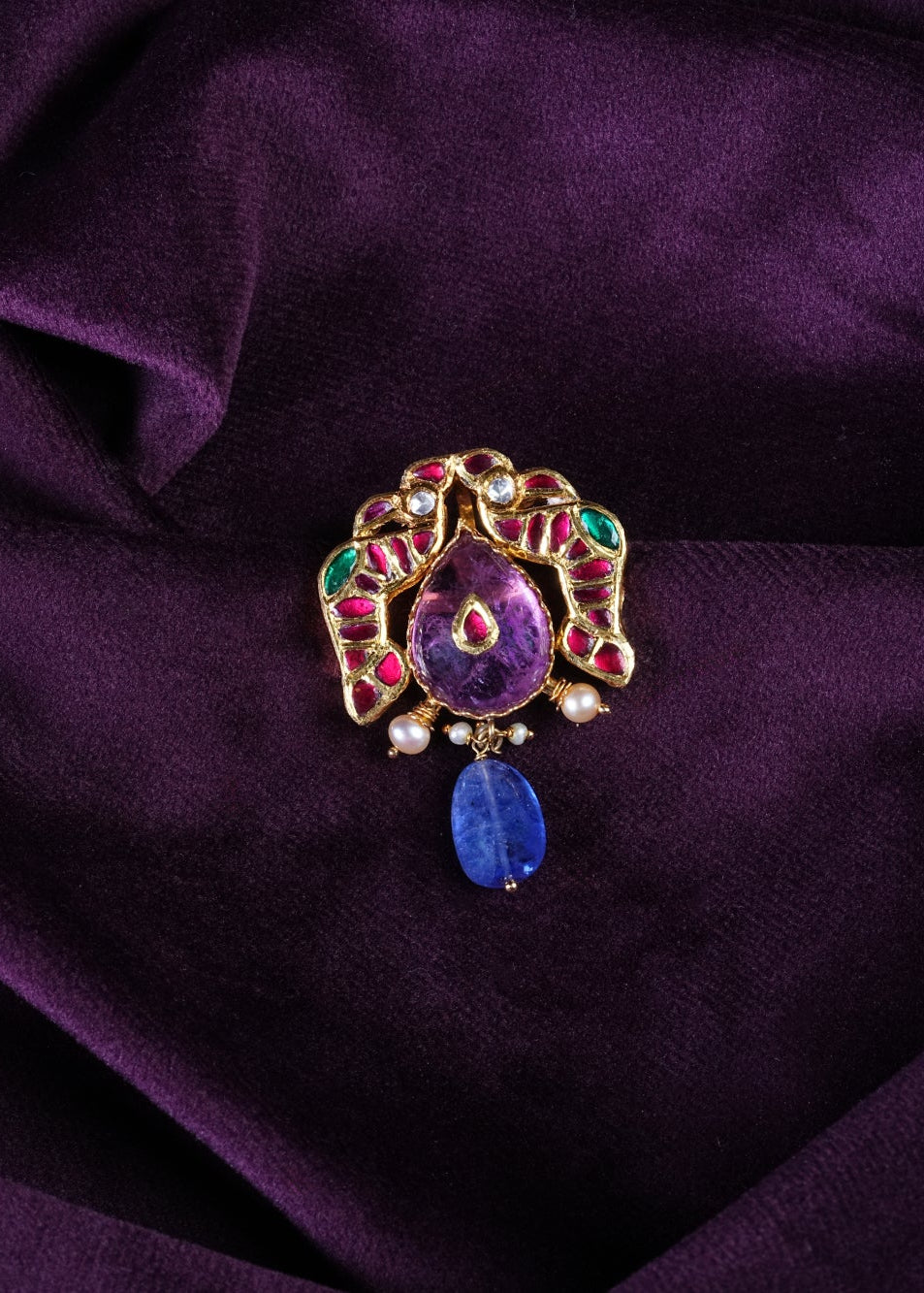Jadau Multi-Gemstone Medallion Kundan Guttapusalu Peacock Pendant