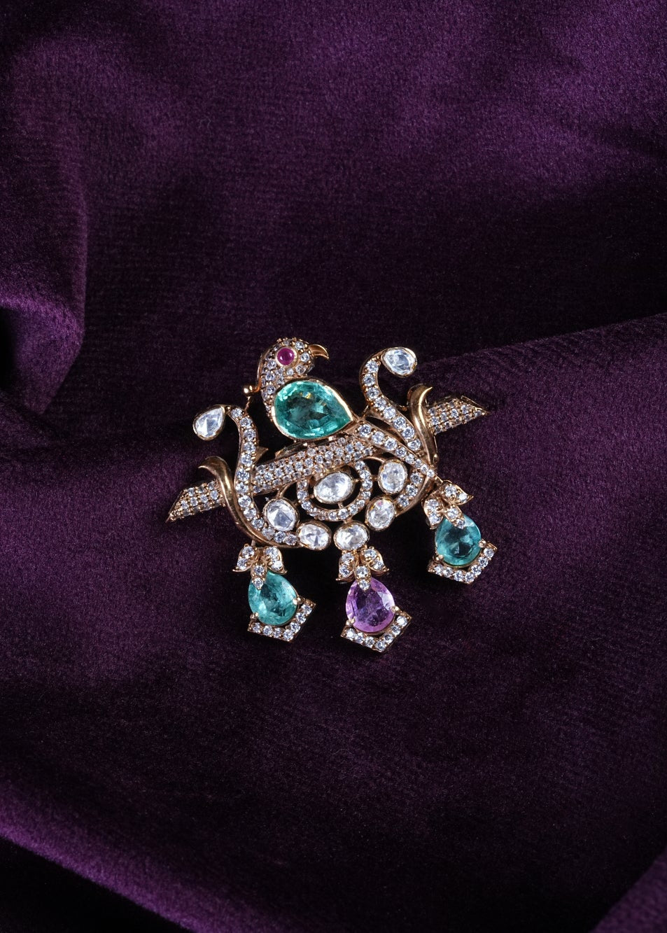 Victorian Mayur Perched Peacock Tri-Color Drop Pendant
