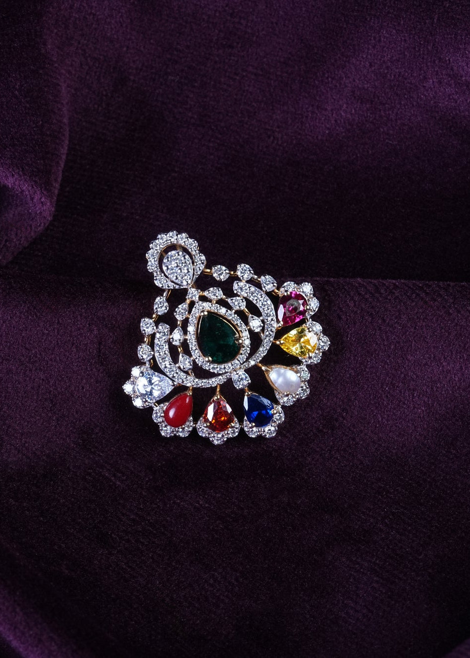 Asymmetrical Nine-Gemstone Navaratna Crescent Pendant
