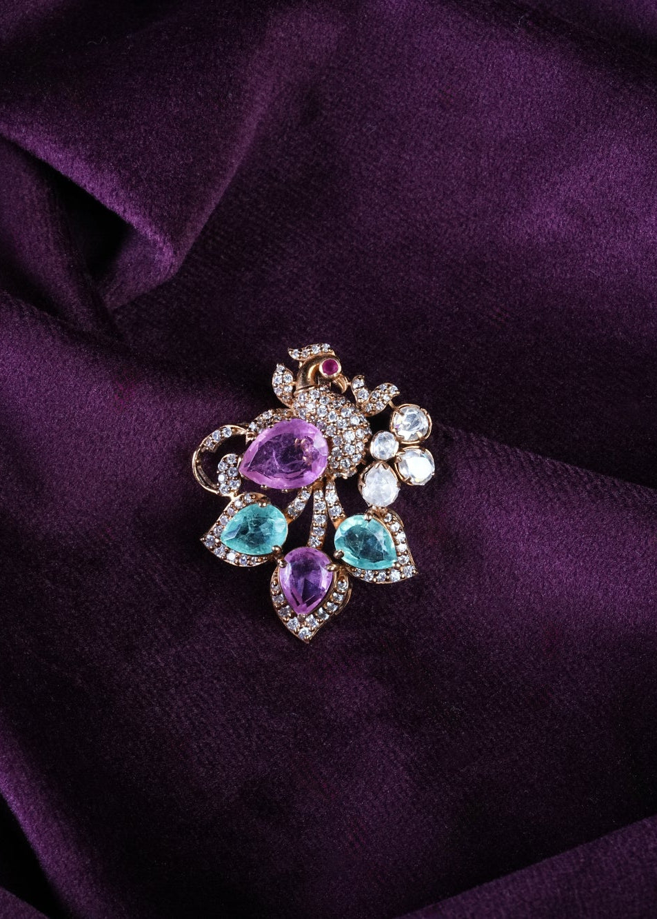 Victorian Asymmetrical Perched Peacock Patel Bouquet Pendant