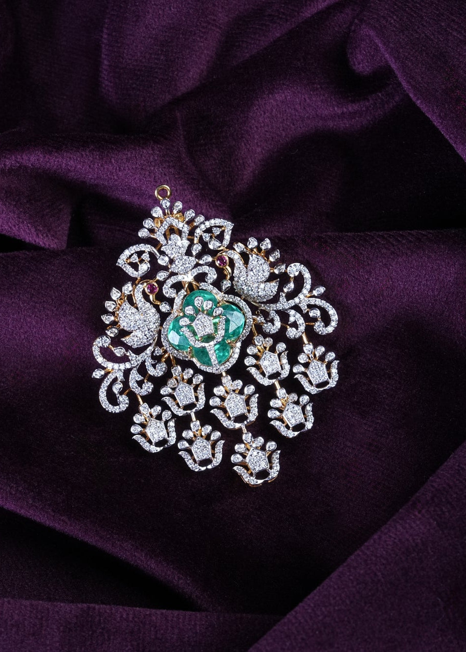Mayur Jhumka-Skirt Russian Emerald Quaterfoil Peacock Changeble Stone Pendant
