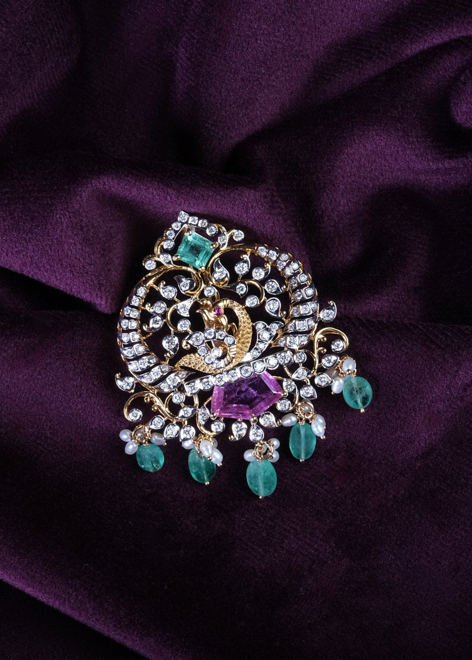 Mayur Ruby-Russian Emerald Filigree Peacock Medallion Pendant