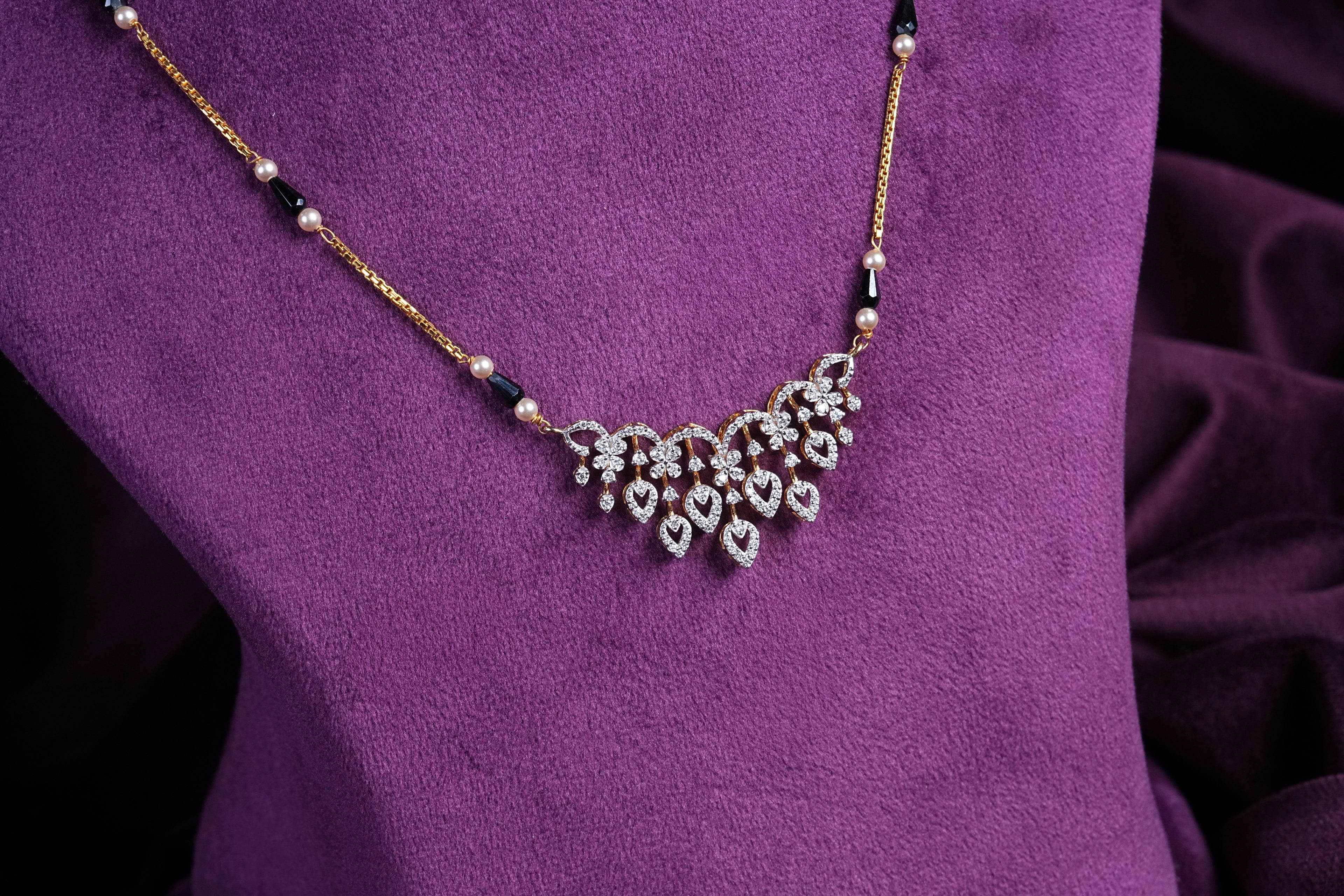 Teardrop Cluster Pearl and Drop Black Bead Tanmaniya Necklace