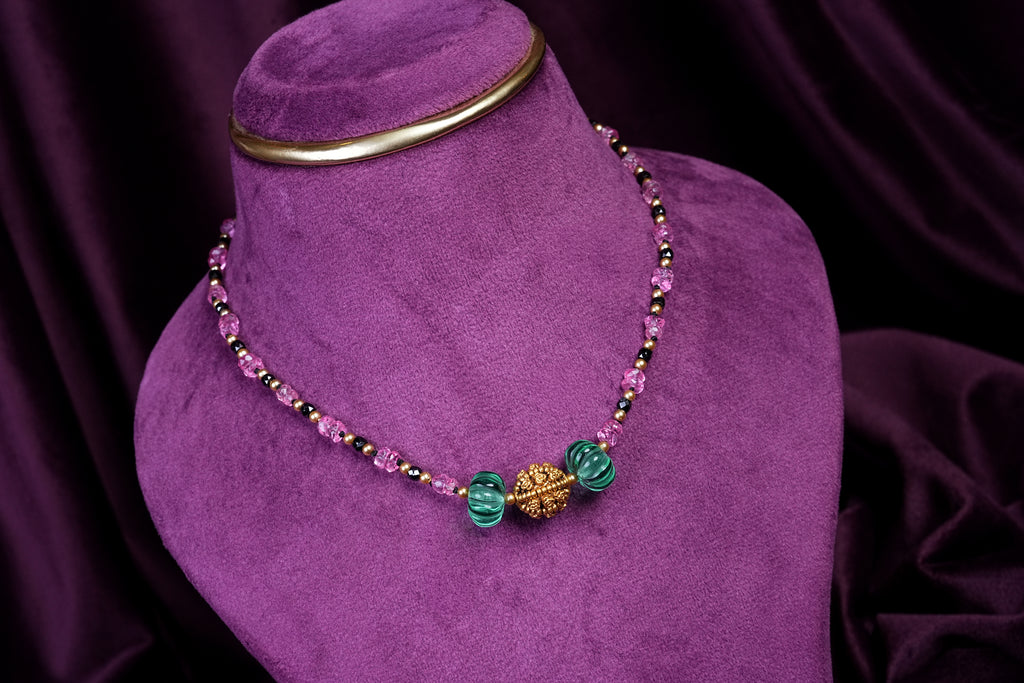 Emerald Pumpkin Bead Filigree Knitting Style Tourmalines and Black Zircons With Gold Pearls