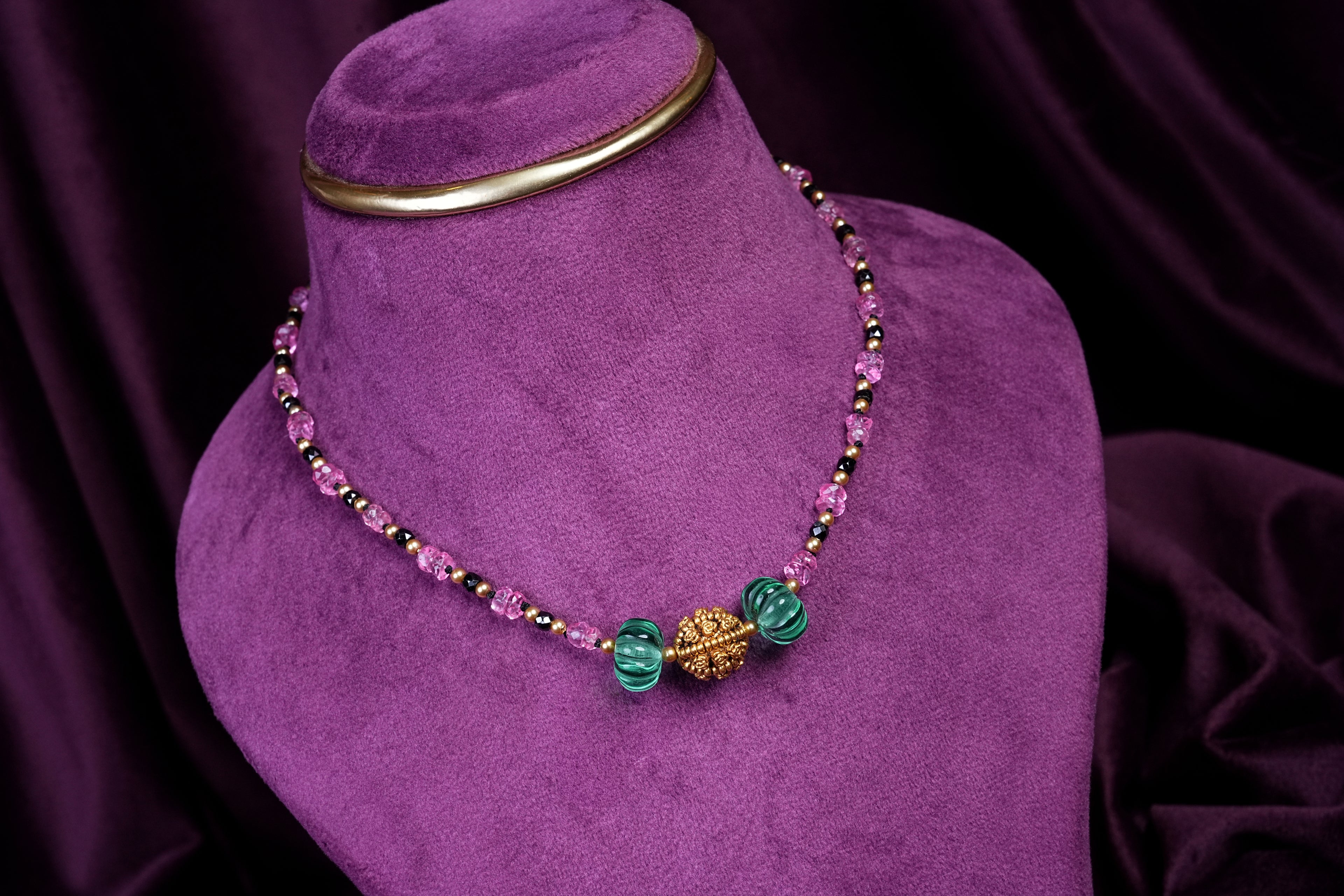 Emerald Pumpkin Bead Filigree Knitting Style Tourmalines and Black Zircons With Gold Pearls
