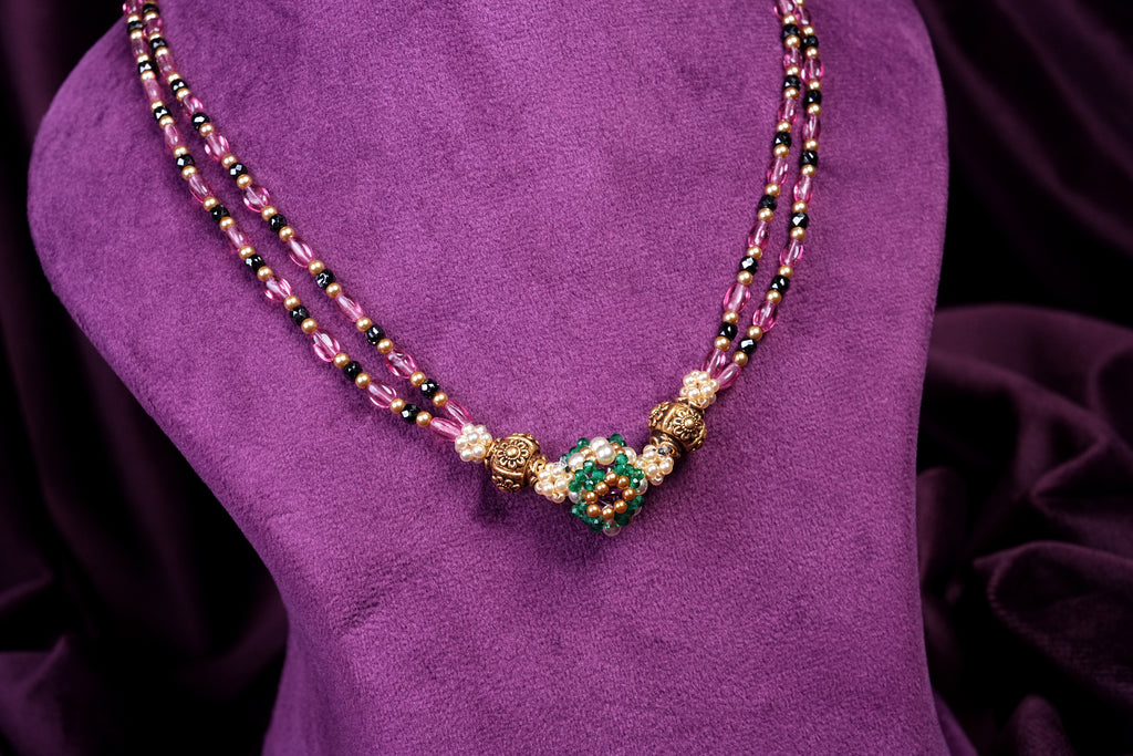 Double-Strand Pink Tourmalines and Black Zircon Beads Knitting Style Mani-Sutra Harr