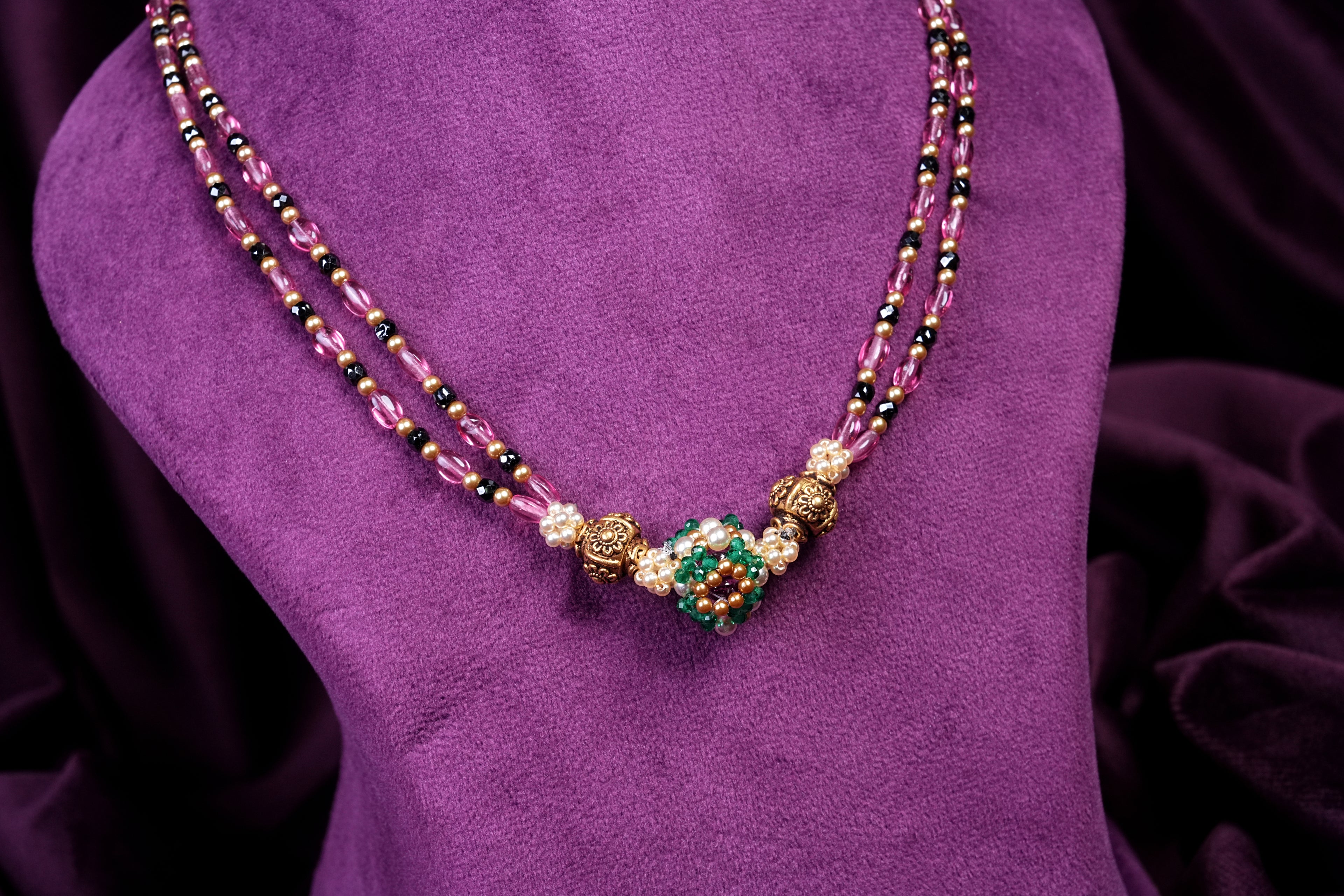 Double-Strand Pink Tourmalines and Black Zircon Beads Knitting Style Mani-Sutra Harr