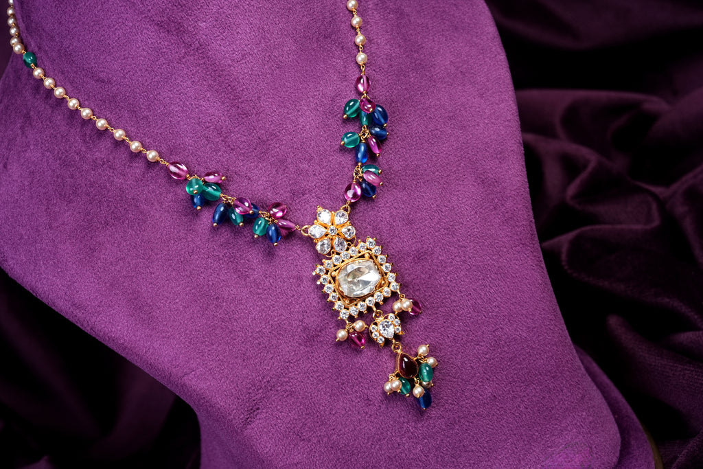 Stringing Polki Tussi Necklace With Multi Gemstone Tumble Cluster