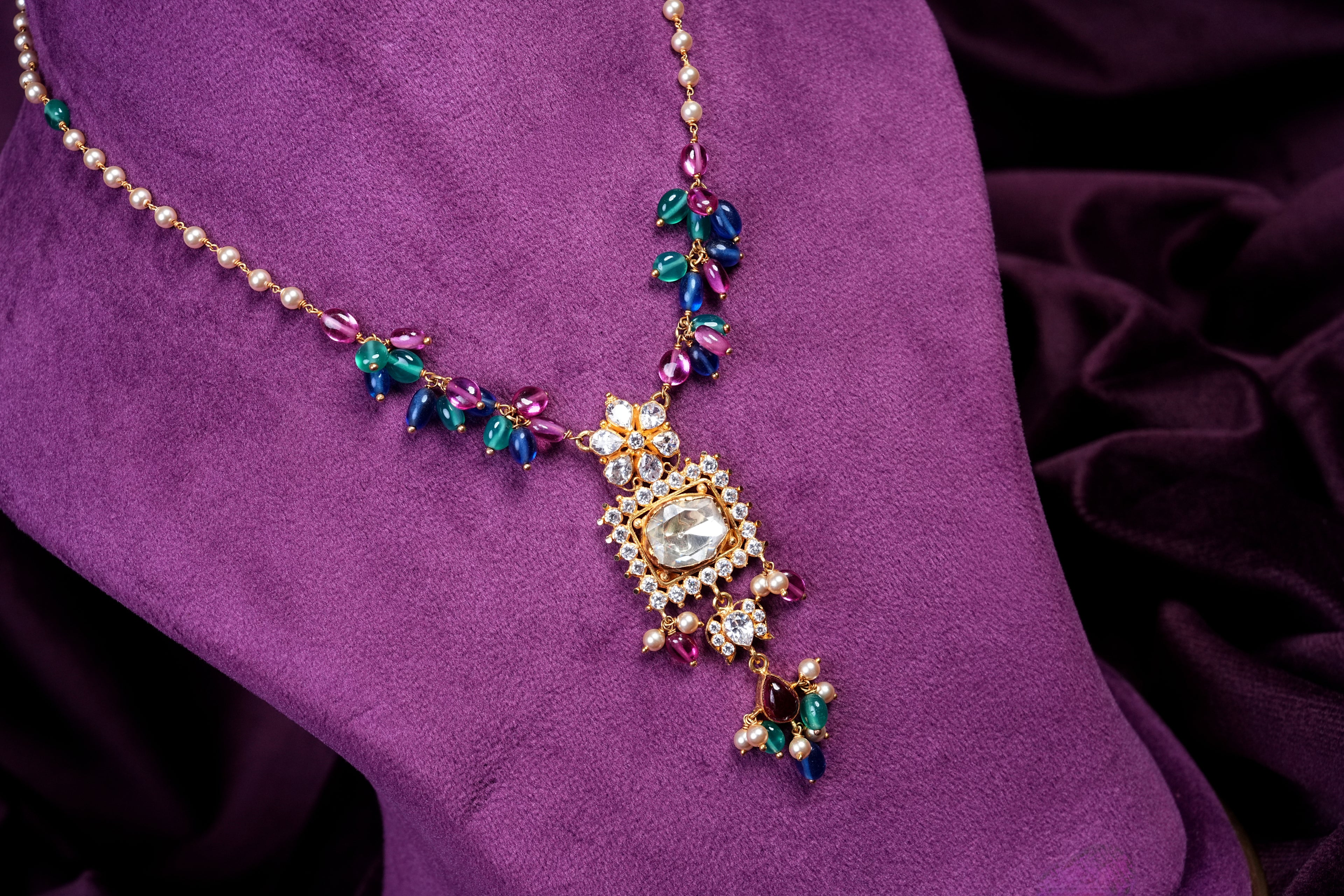 Stringing Polki Tussi Necklace With Multi Gemstone Tumble Cluster