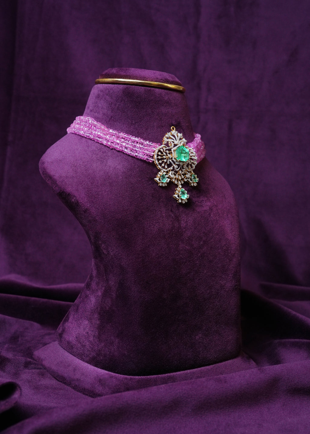 Rajkumari Pink tourmalines & Emerald Crest changeable choker