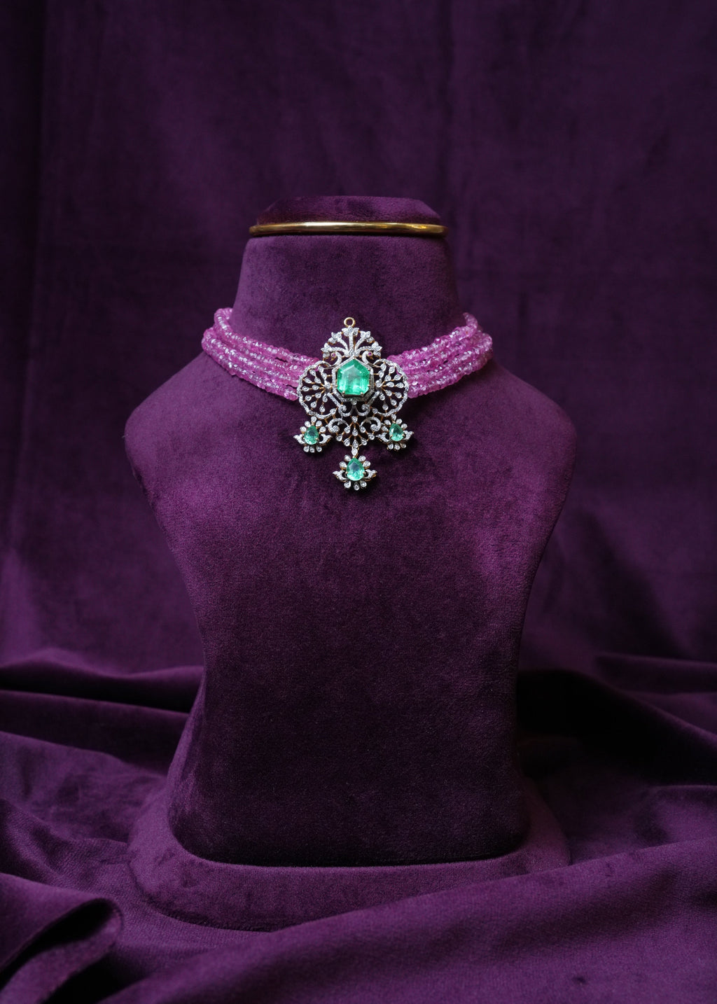 Rajkumari Pink tourmalines & Emerald Crest changeable choker