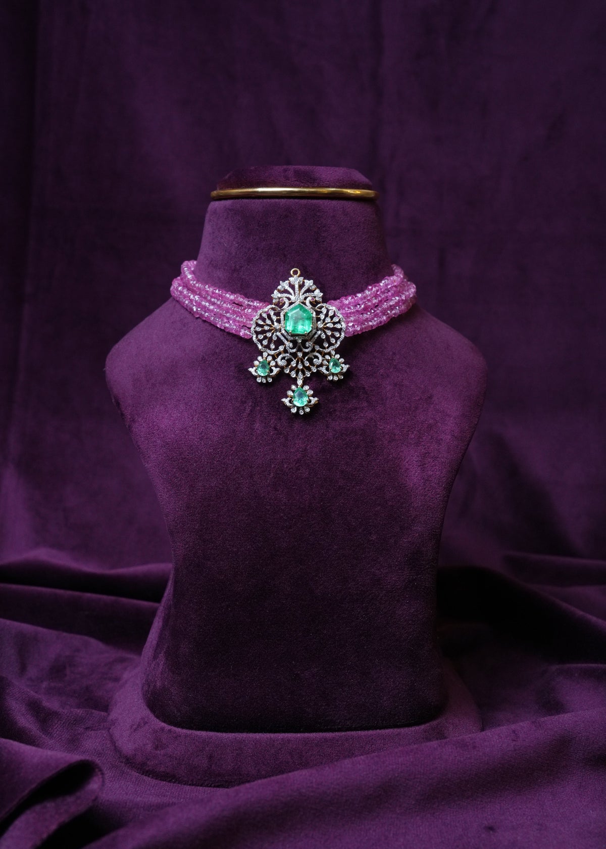 Rajkumari Pink tourmalines & Emerald Crest changeable choker