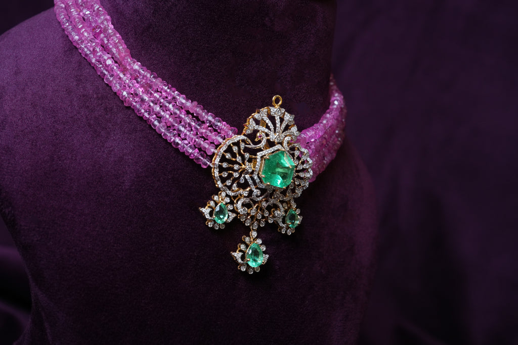 Rajkumari Pink tourmalines & Emerald Crest changeable choker