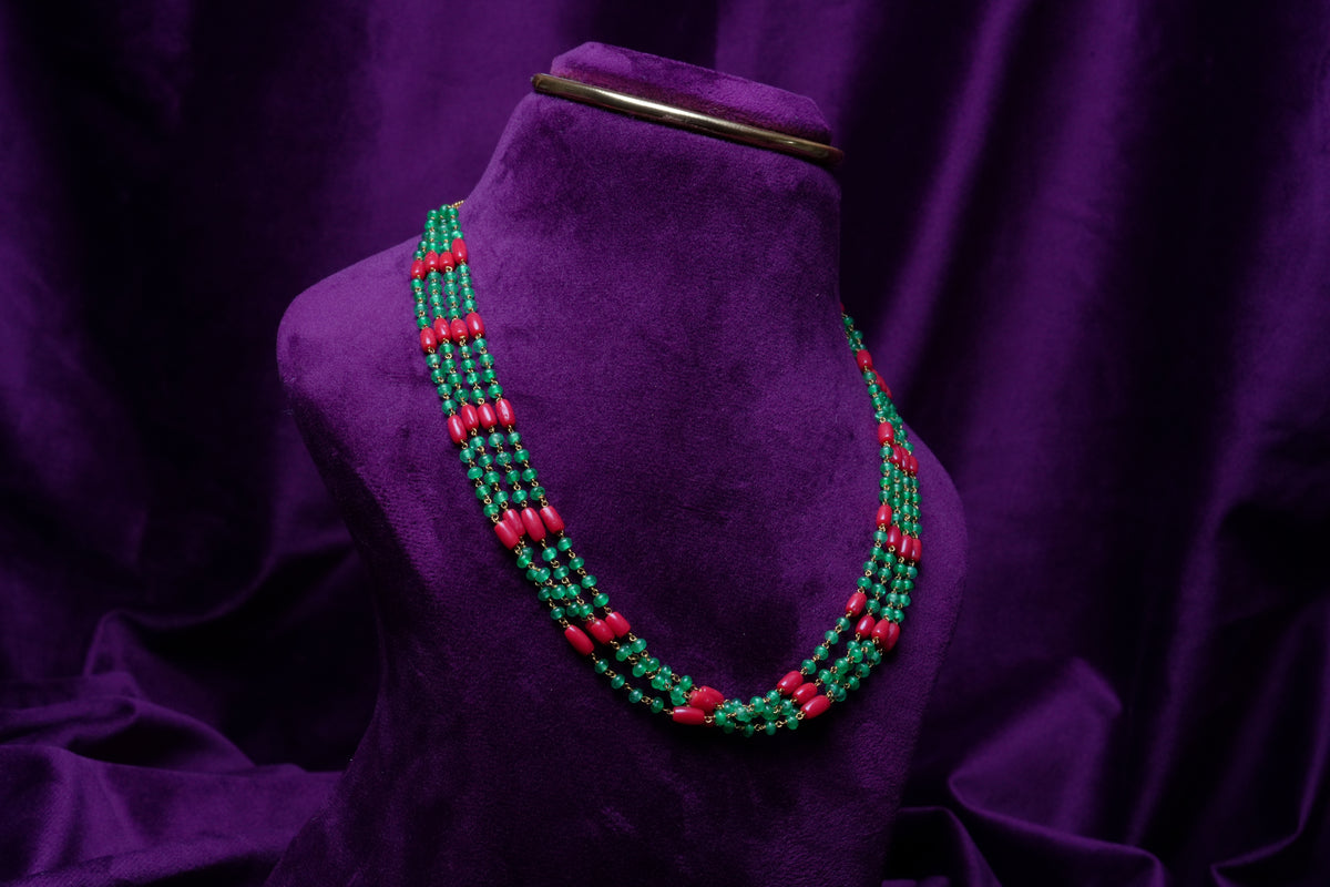 Royal Emerald-coral Multi-Strand Panchlada Mala