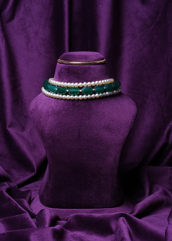South Sea Pearls and Emerald Tumbles Choker Beaded With Gold Pearls