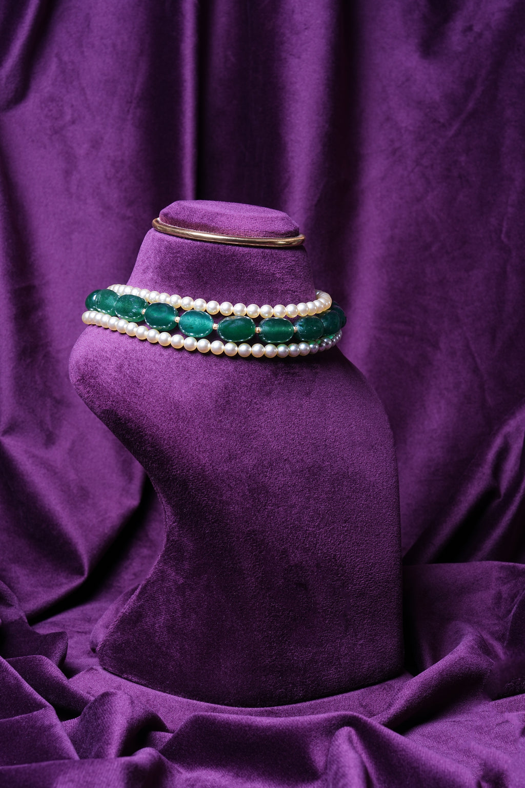 South Sea Pearls and Emerald Tumbles Choker Beaded With Gold Pearls