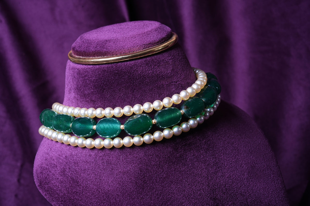 South Sea Pearls and Emerald Tumbles Choker Beaded With Gold Pearls