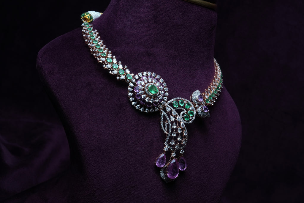 Teardrop Asymmetric Emerald & tourmaline Choker