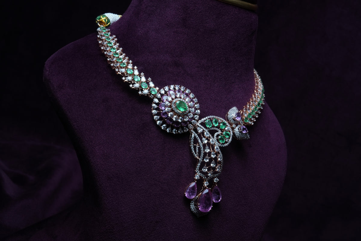 Teardrop Asymmetric Emerald & tourmaline Choker